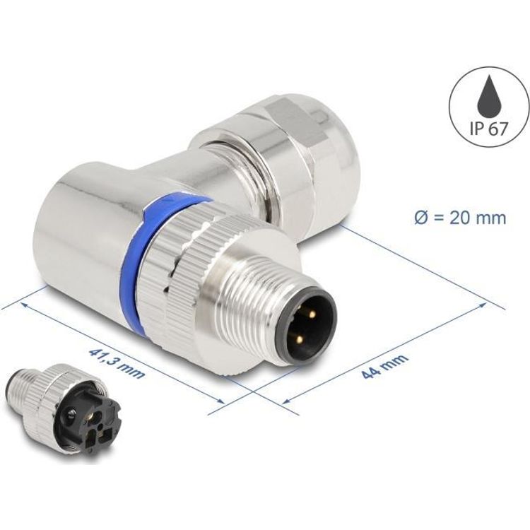 Tootefoto - Delock M12 Steckverbinder A-kodiert 3 Pin Stecker zur Montage mit Schraubanschluss 90 gewinkelt Metall (60539)