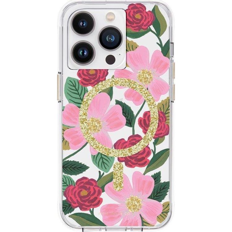 Tootefoto - Rifle Paper Clear MagSafe - Gold Embellished iPhone 14 Pro Case (Rose Garden)