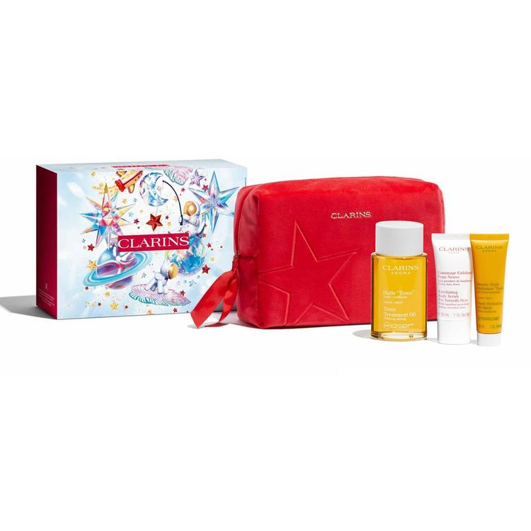 Tootefoto - Clarinsi komplekt: toonik, pinguldav, keha li, 100 ml + kooriv, kehakoorija, 30 ml + toonik, niisutav, kehapalsam, keha, 30 ml + GWP tekstiilikott, punane naistele