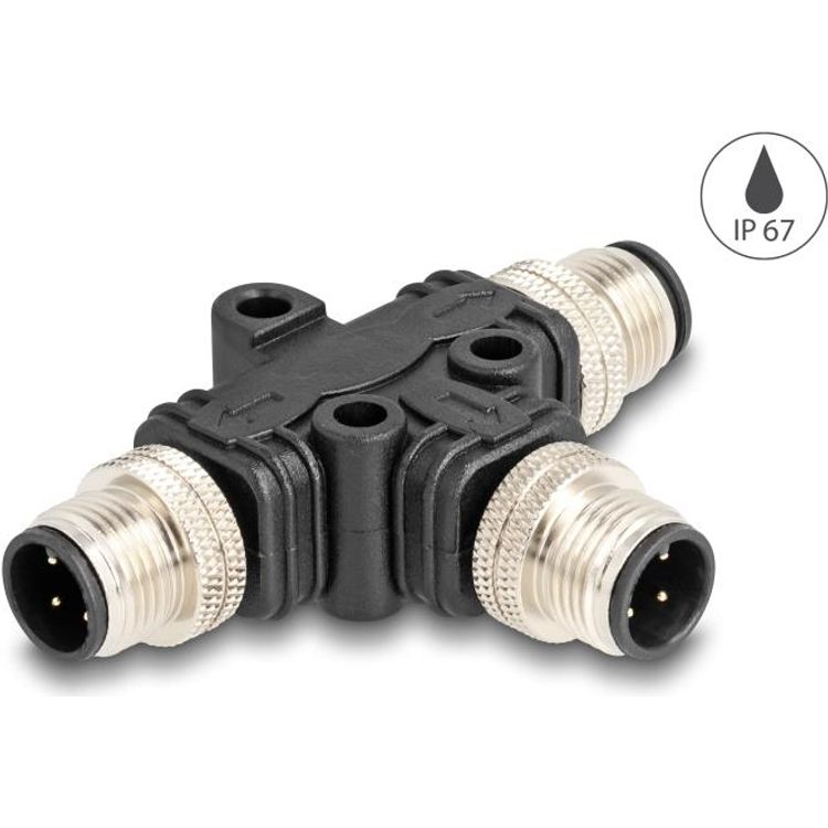 Tootefoto - Delock M12 T-Splitter A-kodiert 4 Pin Stecker zu 2 x Stecker Parallelschaltung (60578)