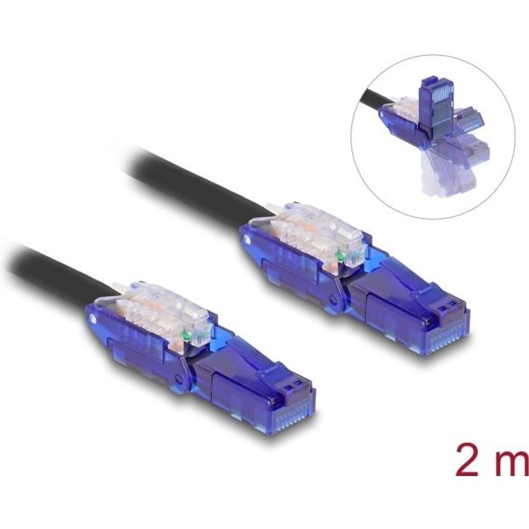 Tootefoto - Delock RJ45 Netzwerkkabel Cat.6 UTP mit 180 winkelbaren Steckern schwarz 2 m (80927)