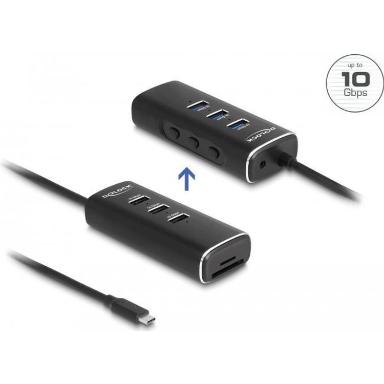 Tootefoto - DeLOCK 3 Port USB 10 Gbps Hub inklusive SD und Micro SD Card Reader mit USB Type-C Anschluss 60 cm Kabel und Schalter f r jeden Port - USB 3.2 Gen 1 (3.1 Gen 1) Type-C - USB 3.2 G