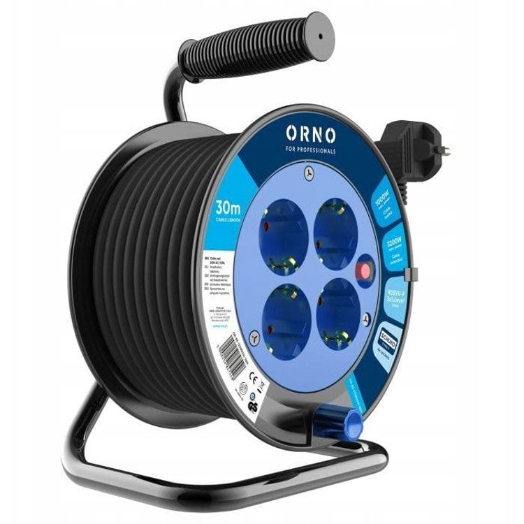 Tootefoto - Trumli pikendus, 4 2p+Z pistikupesa, PVC H05VV-F 3x1,0mm2 kaabel, 30 m pikkune, termiline, voolurajad, Schuko