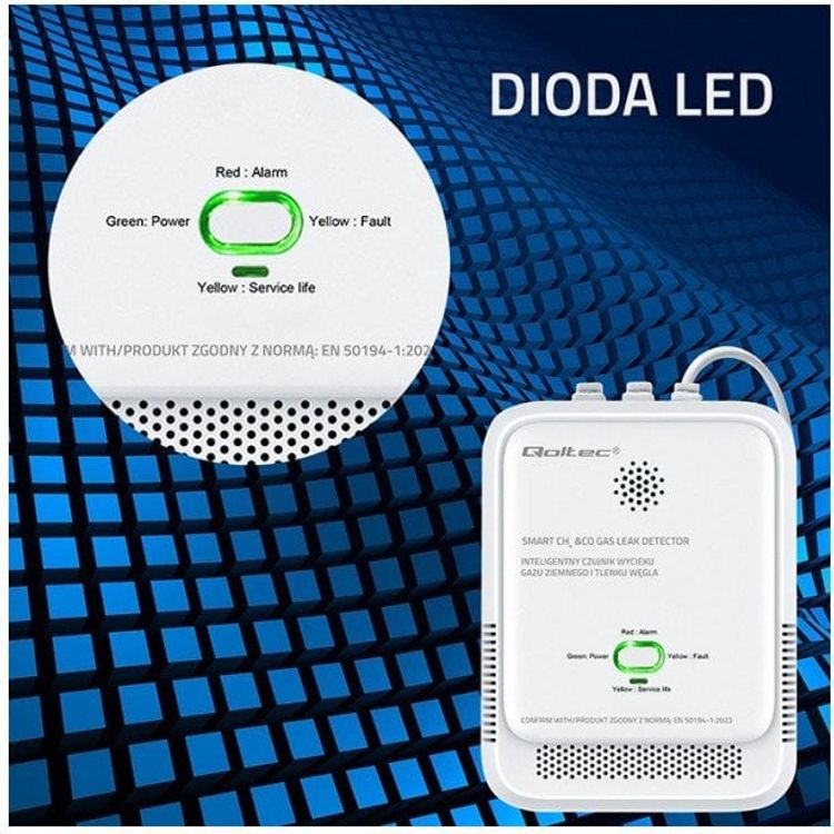 Tootefoto - qoltec Czujnik wycieku gazu i tlenku w gla | alarm 85dB | LED