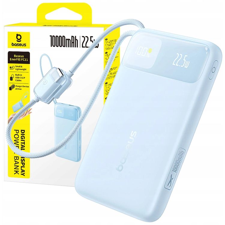 Tootefoto - Baseus Powerbank Baseus EnerFill FC11 10000mAh 22,5W Powerbank digitaalse ekraani ja kahe sisseehitatud kaabliga - sinine