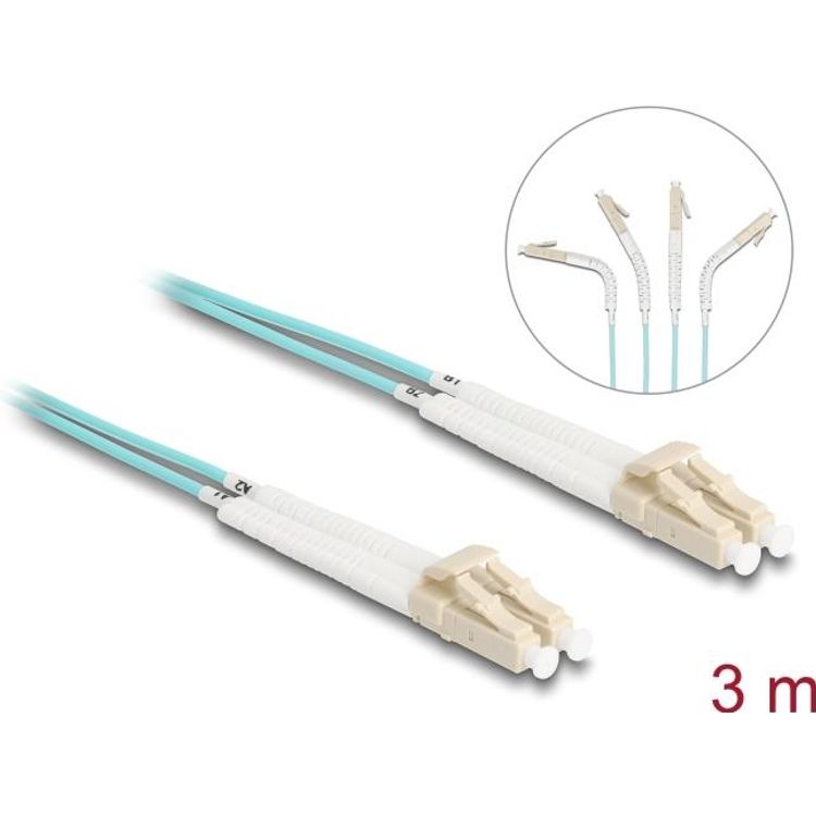 Tootefoto - Delock - Netzwerkkabel - LC Multi-Mode (M) gewinkelt zu LC Multi-Mode (M) gewinkelt - 3,0m - Glasfaser - Duplex - 50/125 Mikrometer - OM3 - halogenfrei - Aquamarin (88081)