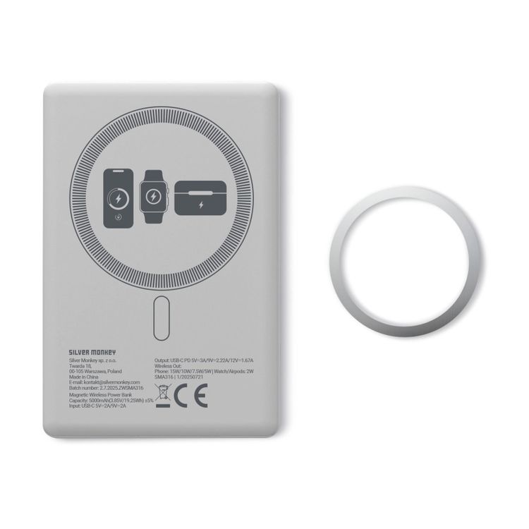 Tootefoto - Silver Monkey Powerbank Smart 5000 mAh MagSafe UltraSlim 3in1 Silver