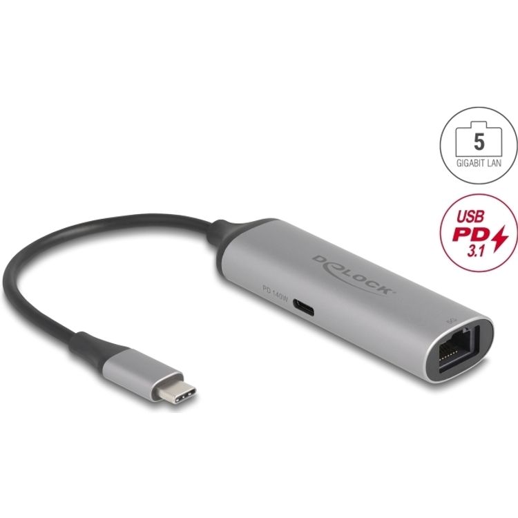 Tootefoto - Delock USB Type-C Netzwerk Adapter 5 Gigabit LAN 1 x RJ45 mit Power Delivery PD 3.1 140 (81591)