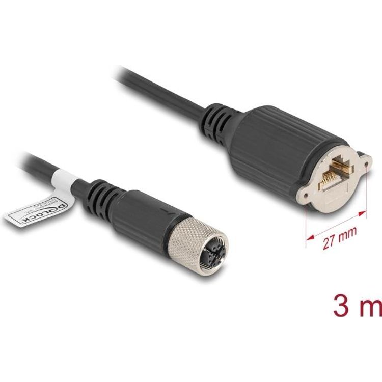 Tootefoto - Delock M12 Kabel X-kodiert 8 Pin Buchse zu RJ45 zum Einbau Cat.6A S/FTP 3 m (80462)