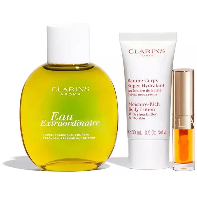 Tootefoto - Clarinsi komplekt Clarins: Eau Extraordinaire, tualettvesi, naistele, 100 ml + niisutav, sheav i, niisutav, kehakreem, keha, 30 ml + huulekaitse, huule li, 01, 1,4 ml * miniatuurne