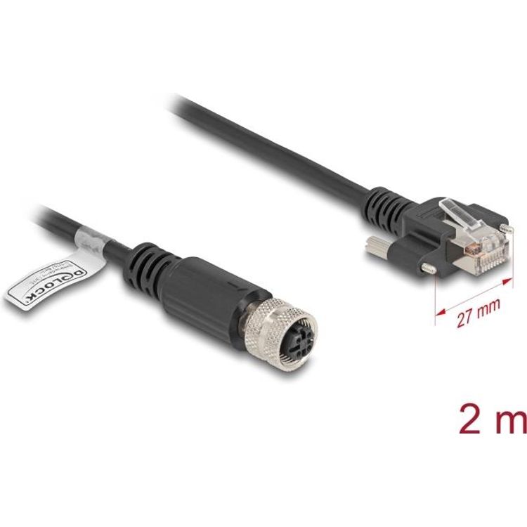 Tootefoto - Delock M12 Kabel D-kodiert 4 Pin Buchse zu RJ45 Stecker mit Schrauben Cat.5e FTP 2 m (80445)