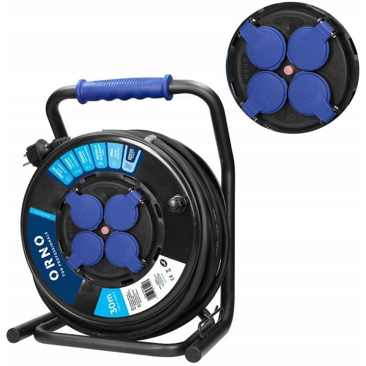 Tootefoto - Professionaalne IP44 rulliga pikenduskaabel, 4 pesa 2P+Z, likindel kummikaabel, H07RN-F 3x2,5mm?, pikkus - 30m, ainulaadne CUBE alus, KINNITUSPISKAD, termokaitse, voolutee katted