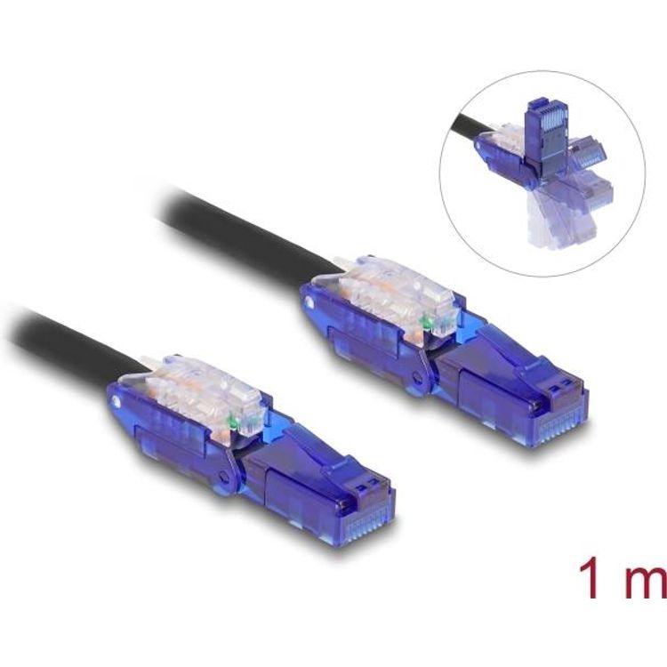 Tootefoto - Delock RJ45 Netzwerkkabel Cat.6 UTP mit 180 winkelbaren Steckern schwarz 1 m (80926)