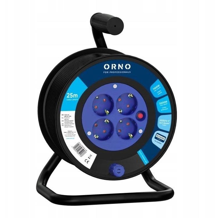 Tootefoto - Orno Reel pikendusjuhe, 4 pesa 2P+Z, Schuko, PVC kaabel H05VV-F 3x1,5mm?, pikkus 25m, termol liti, voolutee luugid