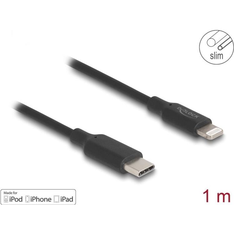 Tootefoto - Delock - Lightning-Kabel - 24 pin USB-C m nnlich zu Lightning m nnlich - 1,0m - MFI-zertifiziert - Schwarz - Schnelladung, bis zu 480 Mbps (85410)