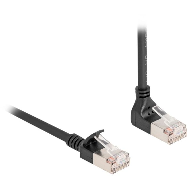 Tootefoto - Delock RJ45 Netzwerkkabel Cat.6A S/FTP Slim 90 oben gewinkelt / gerade 1 m schwarz (80287)