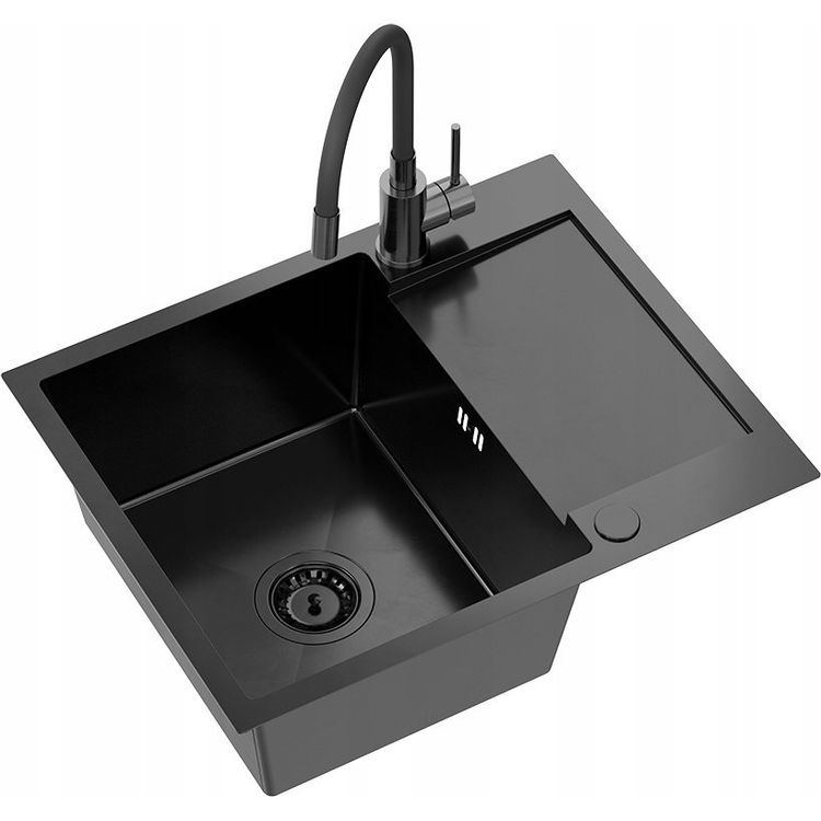 Tootefoto - QUADRON LUKE 116 valamu, mustast metallist terasest valamu (60x48x20) 1-kausilise sifooniga/ilma + painduva musta metallist tilaga segisti