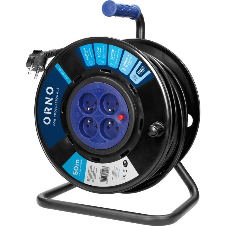 Tootefoto - Orno Reel pikenduskaabel, 4 pesa 2P+Z, PVC kaabel H05VV-F 3x1,5mm?, pikkus - 50m, KINNITUSPISKAD, soojusisolatsioon, vooluahela luugid