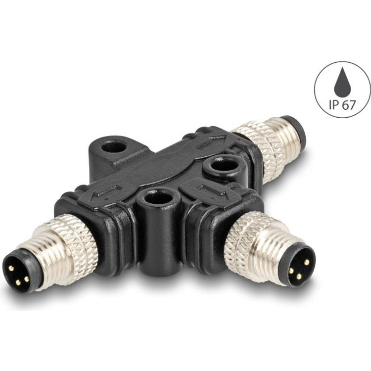 Tootefoto - Delock M8 T-Splitter A-kodiert 3 Pin Stecker zu 2 x Stecker Parallelschaltung (60573)