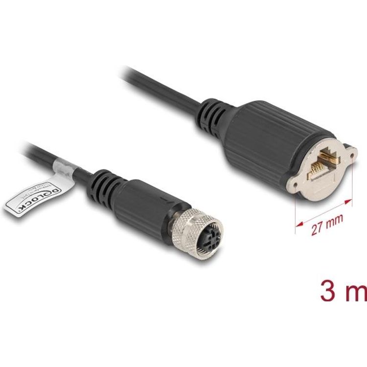 Tootefoto - Delock M12 Kabel D-kodiert 4 Pin Buchse zu RJ45 zum Einbau Cat.5e FTP 3 m (80454)