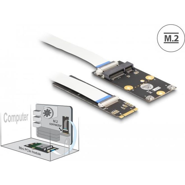 Tootefoto - Delock Konverter M.2 Key B+M Stecker zu 1 x Mini PCIe Slot half size / full size mit flexiblem Kabel (64221)