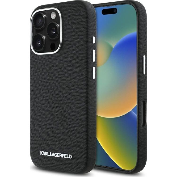 Tootefoto - Karl Lagerfeld Saffiano t is m hitud pikliku metalli logo magsafe jaoks iPhone 16 Pro must