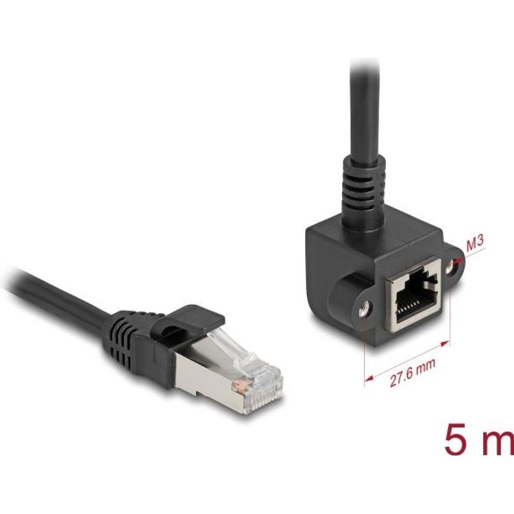 Tootefoto - Delock - Netzwerkverl ngerungskabel - RJ-45 (M) zu RJ-45 (W) down-angled - 5,0m - 6 mm - abgeschirmt F/UTP - CAT 6 - Gigabit Ethernet Support - Schwarz (81159)