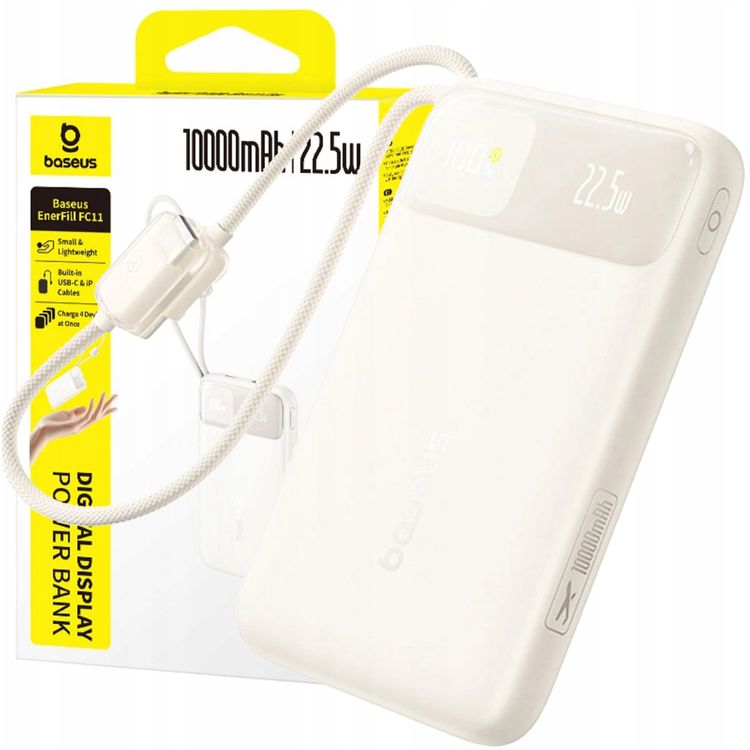 Tootefoto - Baseus Powerbank Baseus EnerFill FC11 10000mAh 22,5W Powerbank digitaalse ekraani ja kahe sisseehitatud kaabliga - bee