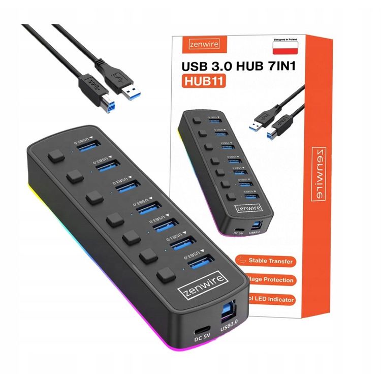 Tootefoto - HUB 7x USB 3.0 Aktywny 7w1 Rozga nik Port w Rozdzielacz USB-C RGB LED 5GB