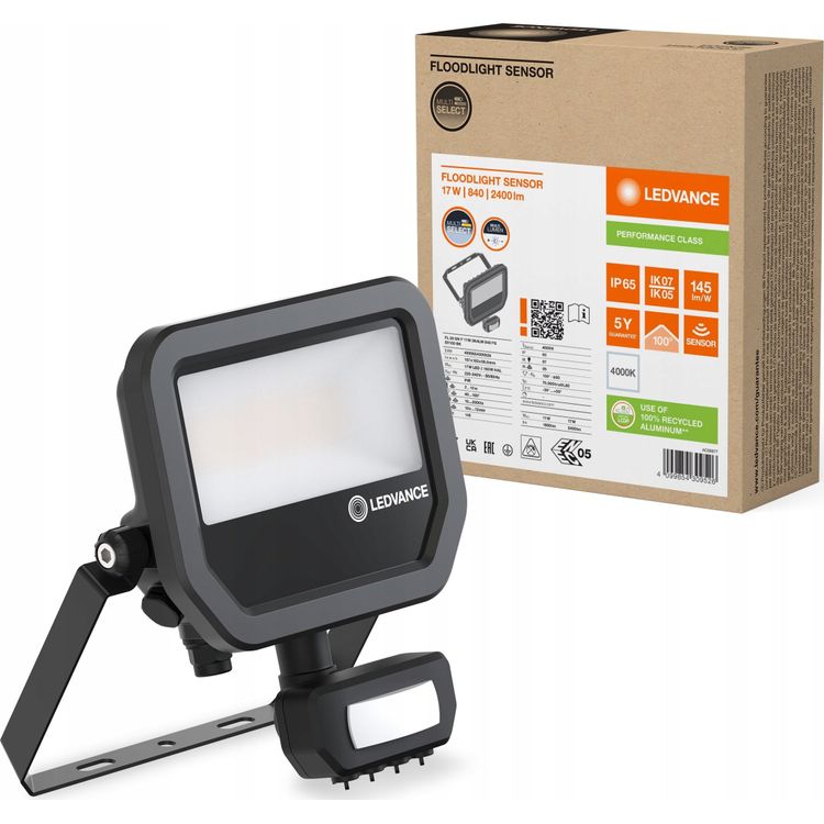 Tootefoto - Projektor LED FLOOD PFM 20 SENSOR P 17W/11W 2400lm/1600lm 4000K 840 PS SY100 czarny 5 LAT GWARANCJI 4099854309526