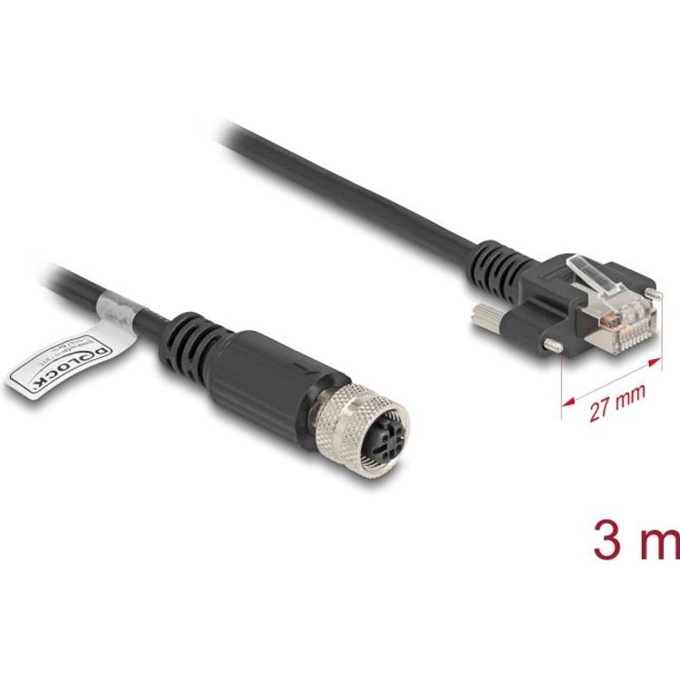 Tootefoto - Delock M12 Kabel D-kodiert 4 Pin Buchse zu RJ45 Stecker mit Schrauben Cat.5e FTP 3 m (80450)