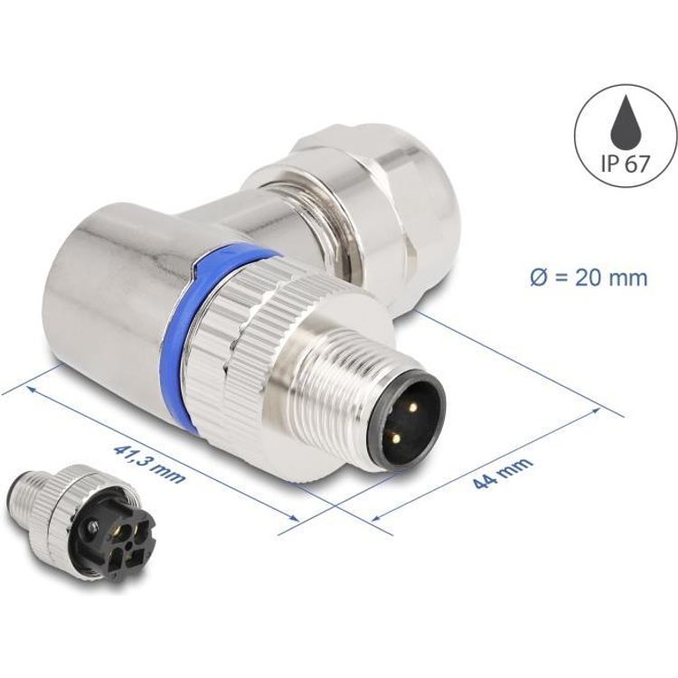 Tootefoto - Delock M12 Steckverbinder A-kodiert 4 Pin Stecker zur Montage mit Schraubanschluss 90 gewinkelt Metall (60540)