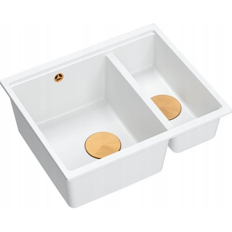 Tootefoto - GraniteQ QUADRON valamu | LOGAN 150 | graniidist k givalamu VALGE + COPPER PVD | m dud: 56 x 46 x 22 cm | 1,5-kambriline riputatud | kapi alus alates: 60 cm