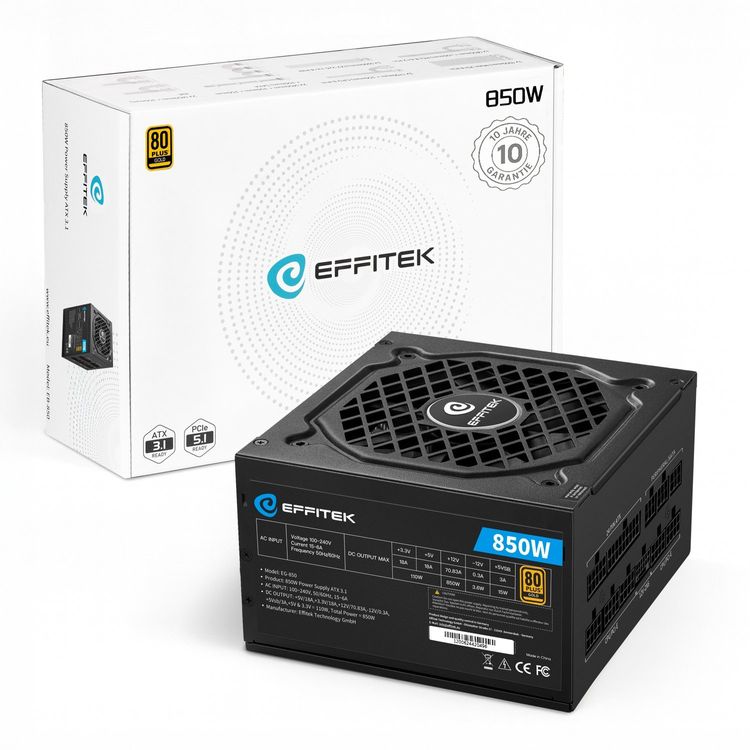 Tootefoto - EFFITEK Netzteil 850W Gold ATX 3.1, PCI 5.1 Modularer Kabel