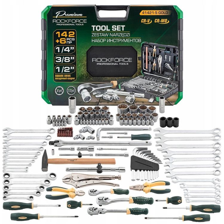 Tootefoto - T riistakomplekt 142+6 tk. 1/4", 3/8" ja 1/2" (6 punkti ja 12 punkti) (4 36 mm)