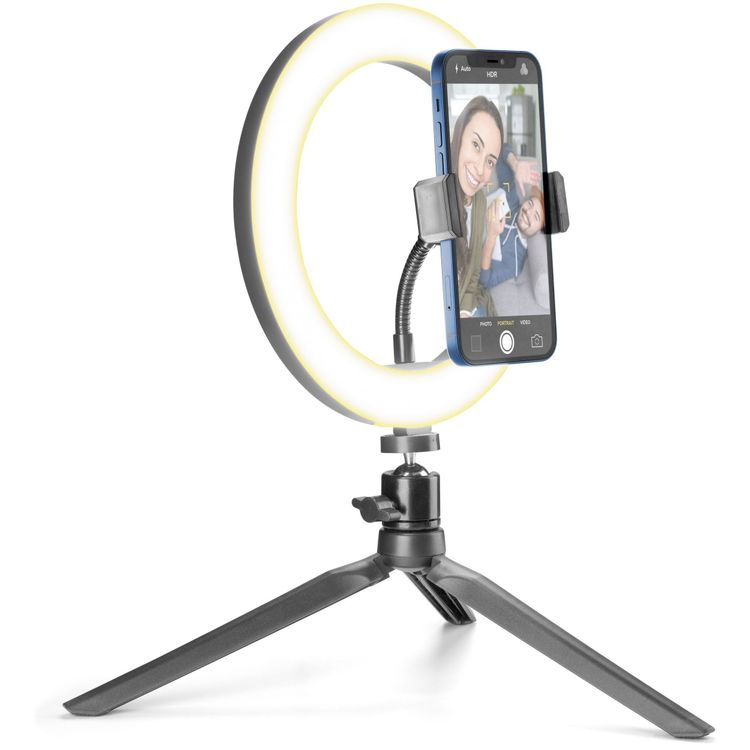 Tootefoto - Selfipulk Tripod Cellularline Selfie Ring LED-valgustusega selfiefotode ja -videote jaoks, must