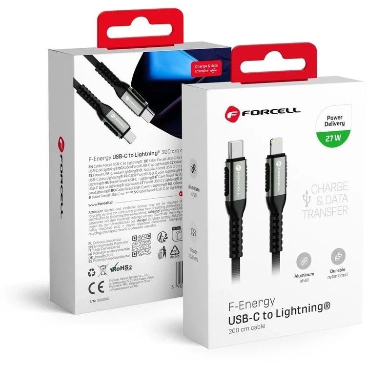 Tootefoto - USB-C 27W 2m kaabel Fortcell Lightning PD nailon s learvuti nutitelefon