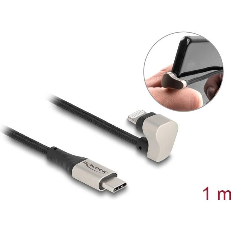 Tootefoto - Delock - Lightning-Kabel - Lightning m nnlich gewinkelt zu 24 pin USB-C m nnlich - 1,0m - MFI-zertifiziert - Schwarz, Silber - gewinkelt, bis zu 480 Mbps (80025)