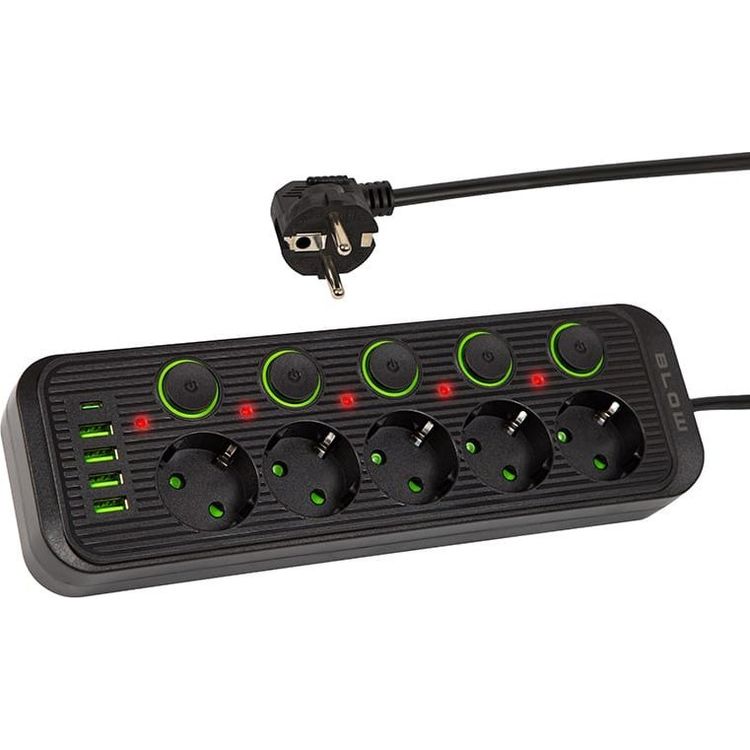 Tootefoto - Puhuge PS-550S 5 pistikupesa toitepikenduskaabel 4xUSB 1xUSB-C 5m must 2x1mm