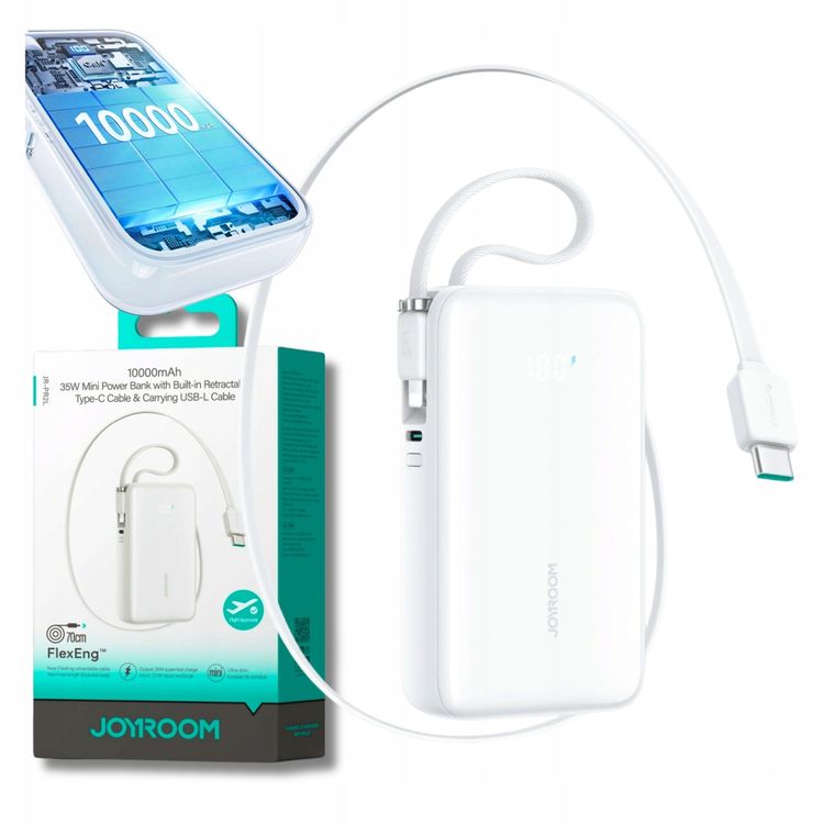 Tootefoto - Joyroom JR-PR2L 10000mAh 35W Powerbank sisseehitatud lest stetava USB-C kaabli ja Lightning kaelapaelaga kaabliga - valge