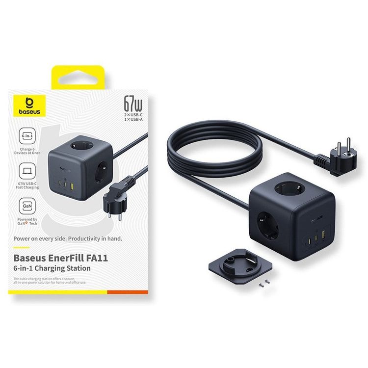Tootefoto - Baseus enerfill fA11 67W USB-A + USB-C + 3 x EL 1,5m pistikupesa-must