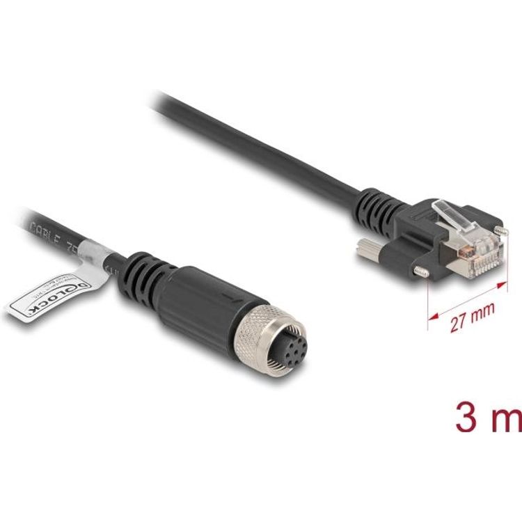Tootefoto - Delock M12 Kabel A-kodiert 8 Pin Buchse zu RJ45 Stecker mit Schrauben Cat.5e FTP 3 m (80428)