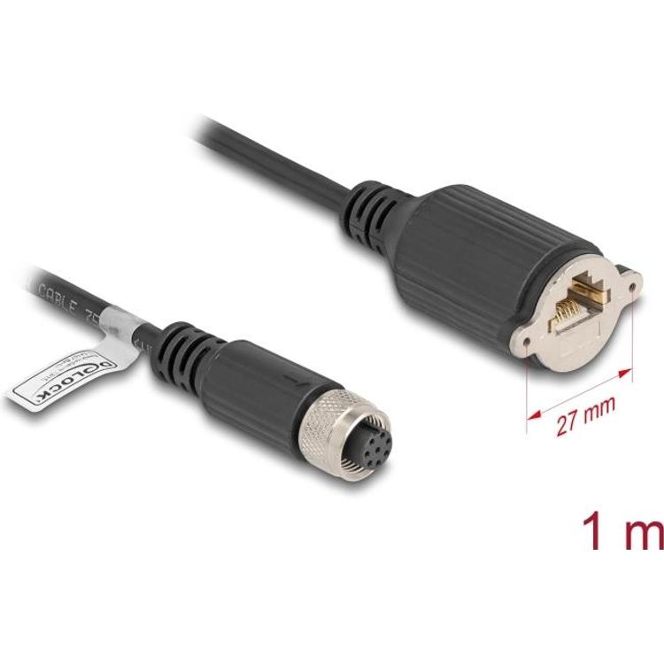 Tootefoto - Delock M12 Kabel A-kodiert 8 Pin Buchse zu RJ45 zum Einbau Cat.5e FTP 1m (80433)