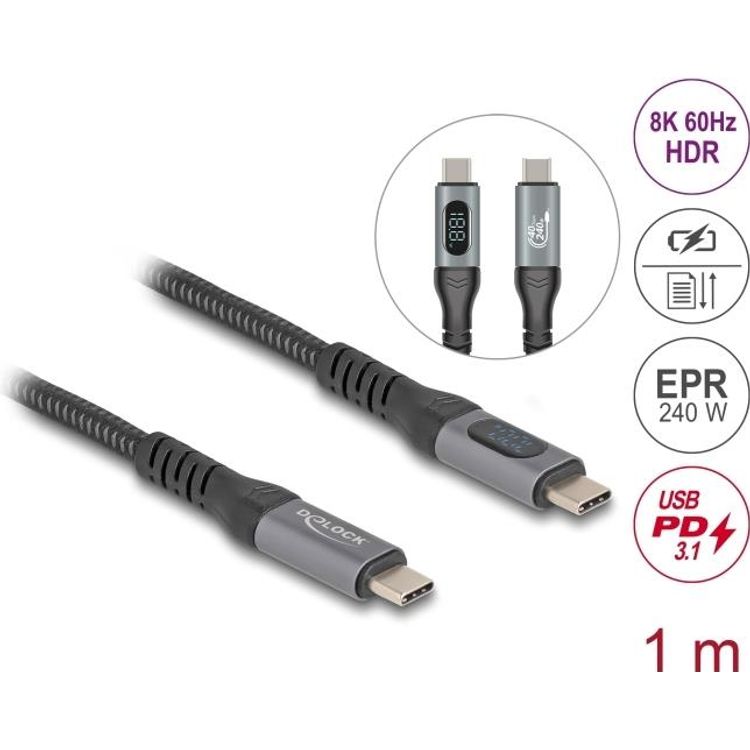 Tootefoto - Delock - USB-Kabel - 24 pin USB-C (M) zu 24 pin USB-C (M) - USB4 Gen 3x2 - Thunderbolt 3 / Thunderbolt 4 / DisplayPort 2,0 (Alt Mode) 5 A - 1,0m - Fast Power Charging (240W), unte