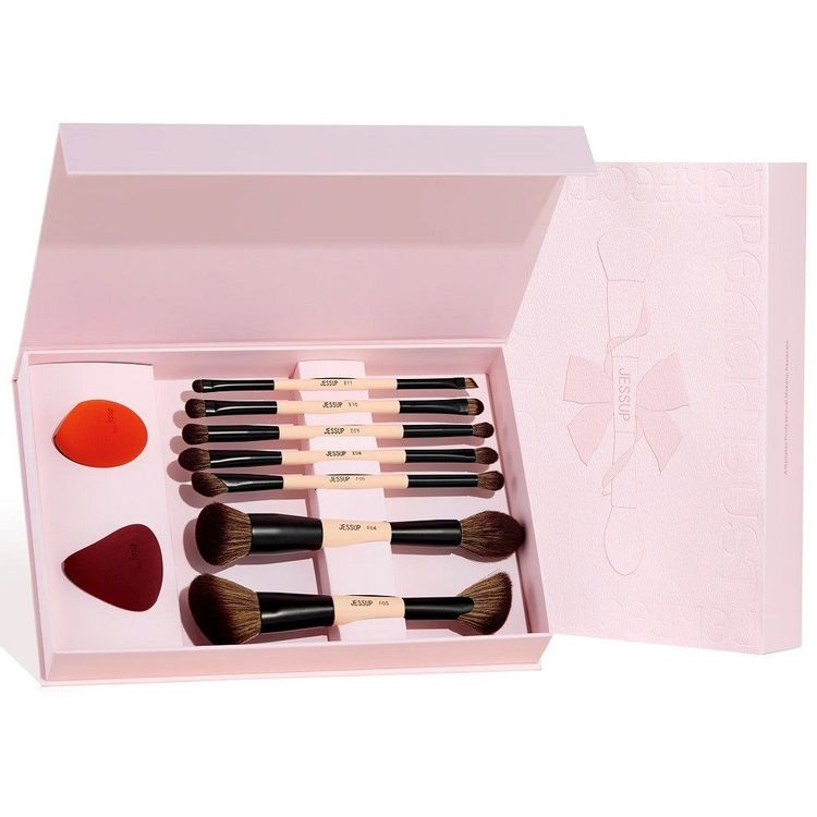 Tootefoto - JESSUP_SET Peach Dust Perfection Beauty Kit set of double-sided makeup brushes 7pcs + makeup sponges 2pcs. T506