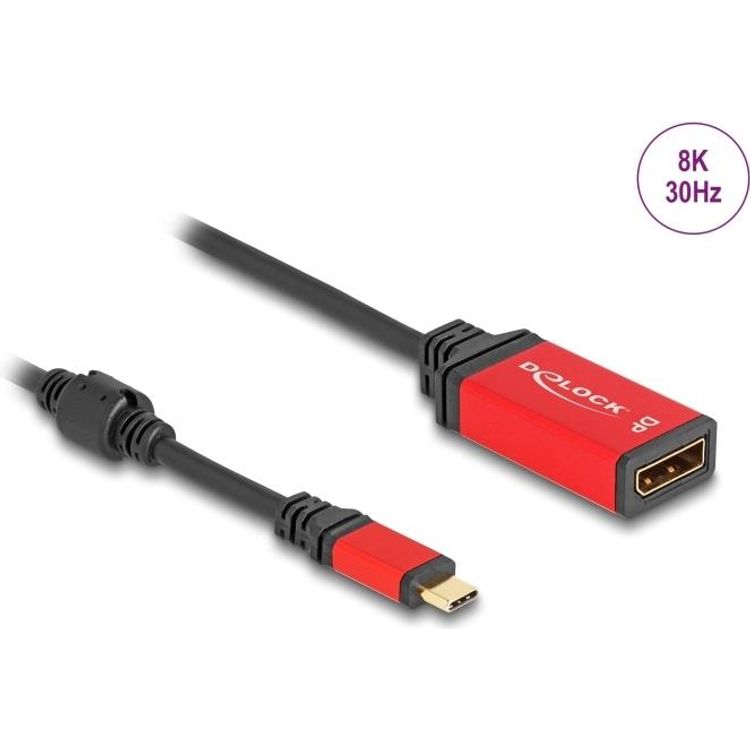 Tootefoto - Delock - Adapterkabel - 24 pin USB-C (M) zu DisplayPort (W) - 20cm - Support von 8K 30 Hz, DP Alt Modus-Support, HDR10-Support - Schwarz / Rot (60052)
