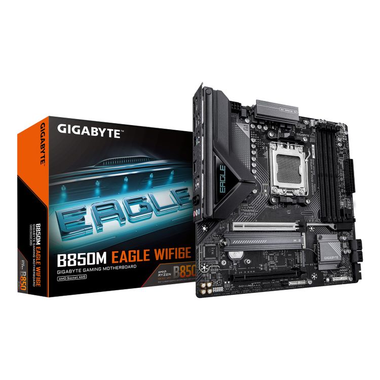 Tootefoto - GIGABYTE B850M EAGLE WIFI6E Motherboard - AMD Ryzen 9000 Series CPUs, 8+2+2 Phases Digital VRM, up to 8200MHz DDR5 (OC), 1xPCIe 5.0 + 1xPCIe 4.0 M.2, WIFI 6E, 2.5 GbE LAN, USB 3.2
