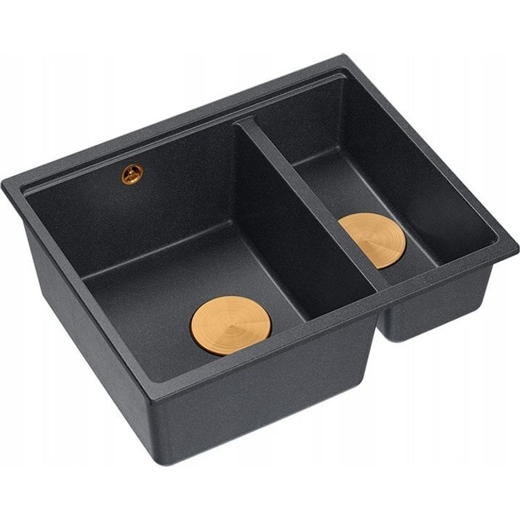 Tootefoto - GraniteQ QUADRON valamu | LOGAN 150 | graniidist k givalamu MUST + COPPER PVD | m dud: 56 x 46 x 22 cm | 1,5-kambriline riputatud | kapi alus alates: 60 cm