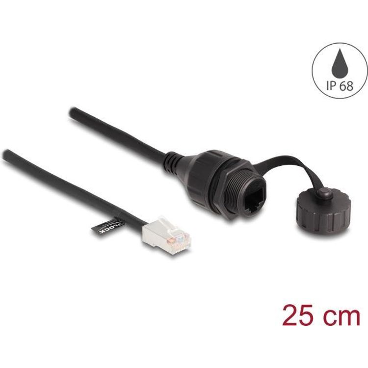 Tootefoto - Delock Kabel RJ45 Stecker zu RJ45 Buchse zum Einbau mit Verschlusskappe Cat.5e FTP IP68 staub- und wasserdicht 25 cm schwarz (88012)