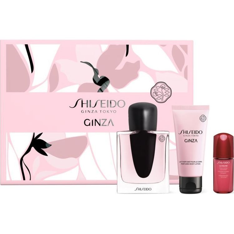 Tootefoto - Shiseido komplekt Shiseido: Ginza, parf mvesi, naistele, 50 ml + Ginza, niisutav, kehakreem, 50 ml + Ginza, puhastav, du igeel, k igile nahat pidele, 50 ml naistele